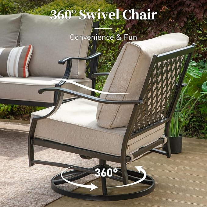 SUNSHINE VALLEY Patio Furniture Set with Firepit Table, Metal Outdoor Patio Furniture, 2 Swivel Chairs, 3 Seater Sofa, 2 Ottomans with 5.75" Extra Thick Cushion and Gas Firepit Table for Backyard Deck