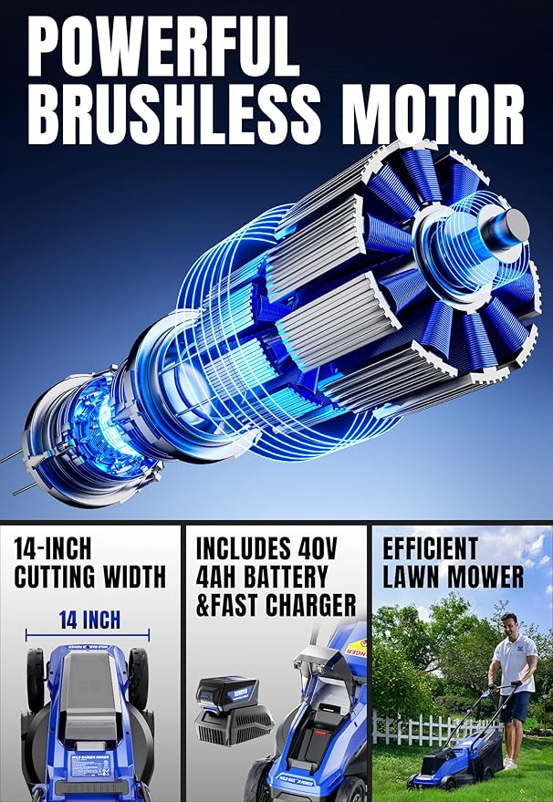 Wild Badger Power 40V 14″ Cordless Lawn Mower Brushless,2,368 sq ft/0.049 ac,1×4.0Ah Battery & Fast Charger, 5-Position Height,for Townhomes & Small Yards