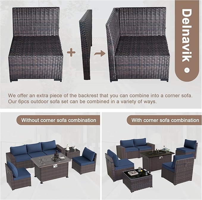 Kurapika 7 Pieces Patio Furniture Set, Rattan Outdoor Conversation Sets w/43in Propane Fire Pit Table and 4 Inch Cushion(Navy Blue)
