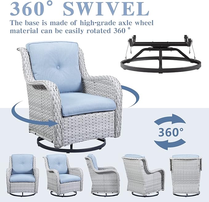 Belord Wicker Outdoor Furniture Patio Furniture Set - 6 Piece Patio Conversation Set with Swivel Rocker Chairs, Rattan Sofa, Ottomans and Coffee Table, Baby Blue Cushion