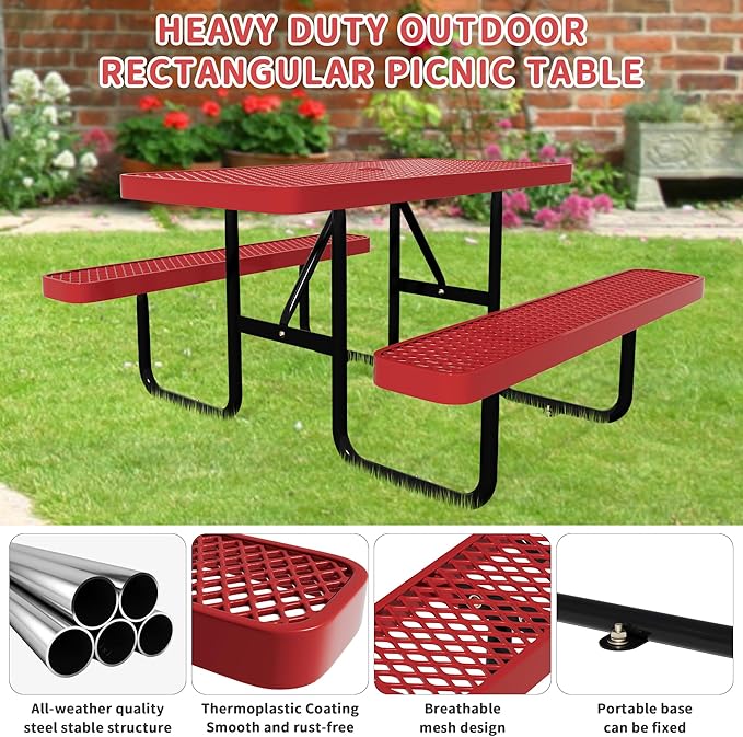 4FT Picnic Tables for Outdoors, Rectangular Commercial Metal Picnic Table Bench Set with Umbrella Hole,Heavy Duty Steel Weather-Resistant Dining Table for Patio Dining Garden Backyard BBQ School
