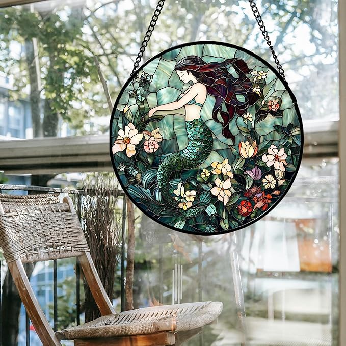 JOSUMALY Stained Glass Window Hanging - Teal Sleeping Mermaid Suncatcher for Door Terrace Garden Home Decor, Sea of Flowers Sun Catcher Birthday Gifts for Lovers Women Men Dad Mom Nana 15 in