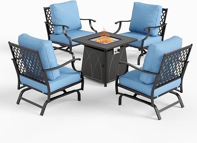SUNSHINE VALLEY 5 Piece Metal Outdoor Patio Furniture Set with Fire Pit Table, Patio Conversation Sets 4 Rocking Chairs with 5.75" Thick Cushion and 5000 BTU Fire Pit Table, Backyard Furniture, Blue