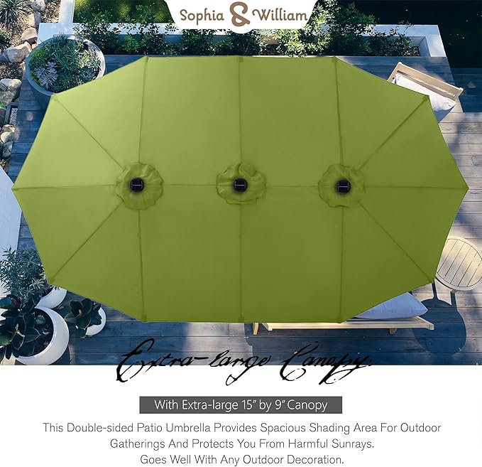 Sophia & William 15 ft Extra Large Patio Umbrella with Solar Lights, Rectangular Outdoor Umbrella with Base Included, Market Umbrella Double-sided Heavy Duty for Pool Garden Backyard, Lime