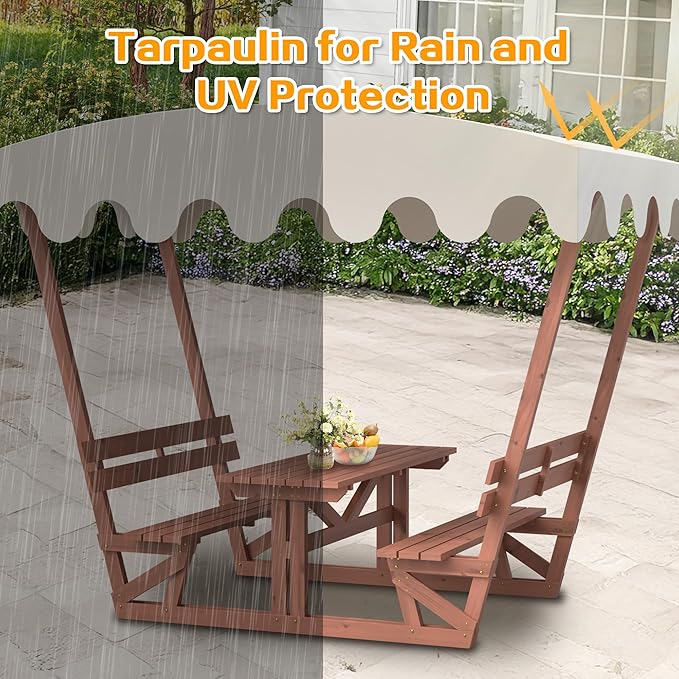 Rueekfil Outdoor Solid Wood Picnic Table with Bench Set & Removable Waterproof Canopy, All-Weather Commercial Camping Table for School, Patio Garden Deck Park Beach, Brown