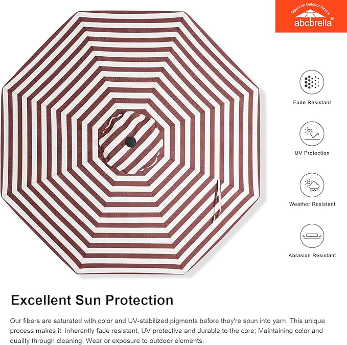 ABCCANOPY OLEFIN® 5-Year No Fading 9FT Patio Umbrella, Outdoor Table Umbrella with 8 Sturdy Ribs for Deck, Backyard, Yard (Burgundy Stripe)