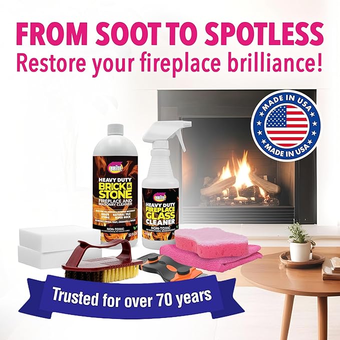 Quick 'n Brite Fireplace Cleaning Kit – Includes 16 oz Fireplace Glass Cleaner, 32 oz Gel Fireplace Cleaner, Scrub Brush, Sponge and Microfiber Towel