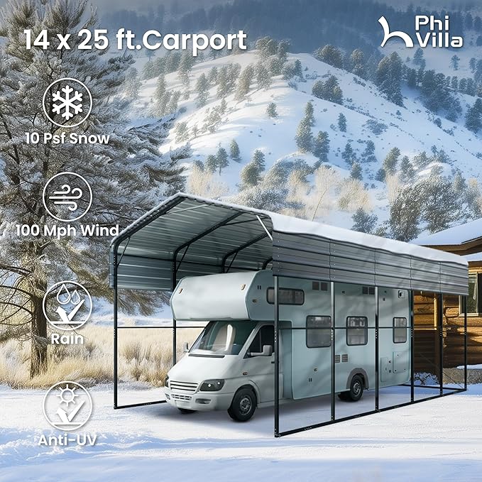PHI VILLA 25 x 14 ft Heavy Duty Metal Carport with Galvanized Steel Roof for RVs, Cars, Boats, and Tractors
