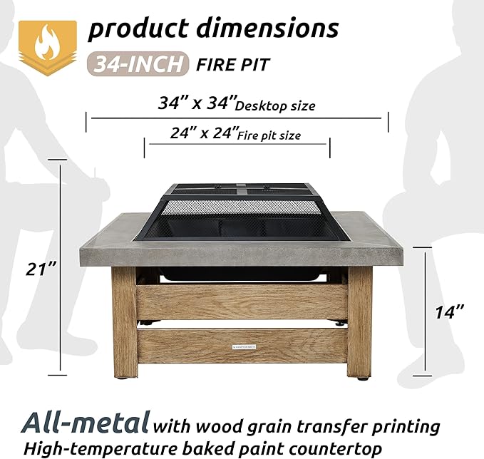 Firepits for Outside，Wood Burning Fire Pit with Wood-Grain Side Panels,Firepit for Outside with Mesh Cover & Fire Poker,Square Modern Outdoor Fireplace Fire Table. (Countryside)