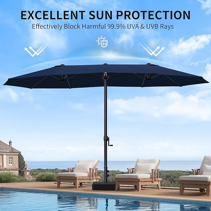 OLILAWN Patio Table Umbrella, 15ft Large Deck Umbrella with Base Included, Outdoor Double-Sided Rectangle Market Umbrella with Aluminium Crank, 12 Sturdy Ribs, for Deck Porch Garden, Dark Blue