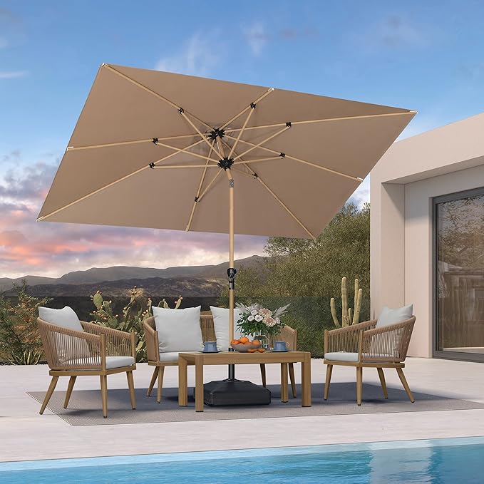 PURPLE LEAF 6.5' x 10' Outdoor Umbrella with Base Patio Umbrella Rectangular Outdoor Table Umbrella with Push Button Tilt & Crank and 8 Ribs Aluminum Market Umbrella for Backyard Deck, Taupe