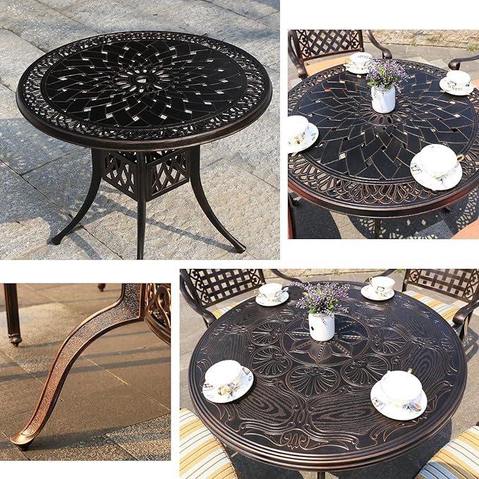 FAPOLITE Outdoor Table Cast Aluminum Round Patio Table with Umbrella Hole All Weather Outdoor Dining Tables for Lawn Garden Backyard (90cm Round Tables with Slanted Lattice)
