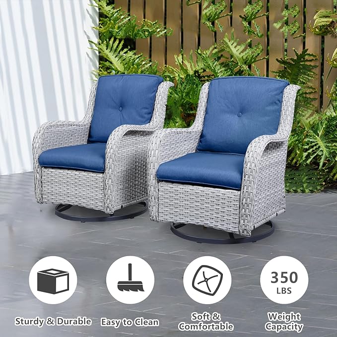 Belord Wicker Patio Furniture Sets - 8 Piece Outdoor Rattan Furniture Conversation Sets with 4 Swivel Rocker Chairs, Rattan Sofa, Wicker Ottomans and Coffee Table, Light Grey/Blue