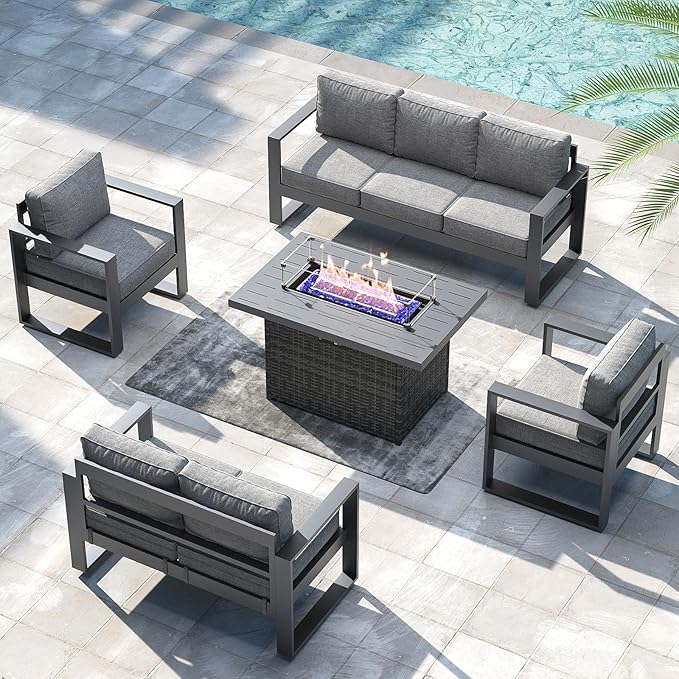 LayinSun 5 Pieces Aluminum Outdoor Patio Furniture Set, Metal Modern Conversation Sofa Set with Fire Pit Table and Washable Thick Cushions for Porch, Backyard, Deck