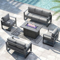 LayinSun 5 Pieces Aluminum Outdoor Patio Furniture Set, Metal Modern Conversation Sofa Set with Fire Pit Table and Washable Thick Cushions for Porch, Backyard, Deck