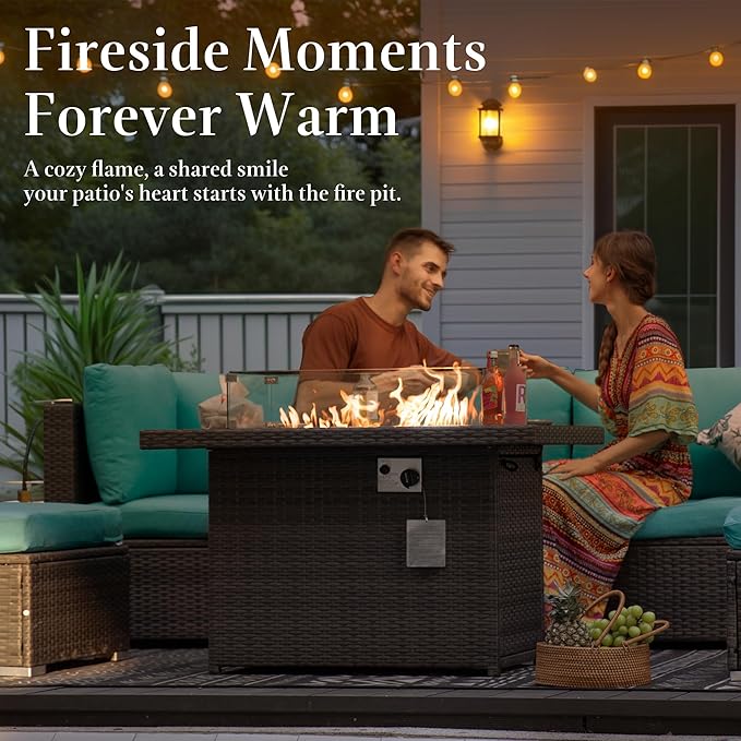 NICESOUL Wicker Propane Fire Pit Table, 60000 BTU Large Natural Gas Firepit Tables, 43'' Rectangle CSA Fireplaces for Deck Backyard, Fire Table with Windguard&Glass Rocks&Cover, Gray