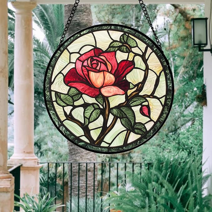 AMDERVEN Stained Glass Window Hanging, Red Rose Flowers Sun Catcher for Door Garden Home Decor Suncatcher Christmas Mother's Day Birthday Gifts for Women Lovers Men Wife Girlfriend Mom Nana 11.8 in
