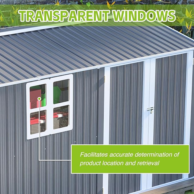 8x12 FT Metal Outdoor Storage Shed with Window & Reinforced Floor Frame, Lockable Double Doors, Weatherproof Steel Garden Tool Shed for Backyard, Lawn Equipment & Patio Organization