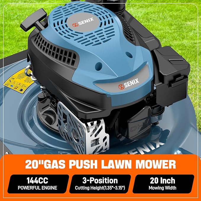 SENIX 20" Gas Lawn Mower, 144 cc Gas Powered Lawnmower, 4-Cycle Engine Walk-Behind Push Lawn Mowers, 3 Position Height Adjustment for Yard and Garden, cortadora de pasto