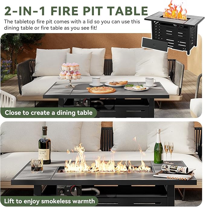 Aoxun 42" Propane Fire Pit Table Ceramic Top, 60000 BTU Outdoor Patio Heater with Lava Rocks, Rectangle Gas Fire Pits for Outside Patio with Removable Lid, Black
