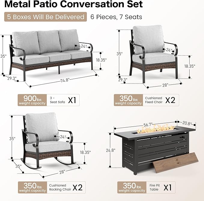 SUNSHINE VALLEY 6 Piece Black Metal Outdoor Patio Furniture Set with Firepit Table, Patio Conversation Sets 1 3-Seater Couch, 2 Sofa, 2 Rocking Sofa with 5.75" Cushion for Backyard Deck, Light Gray