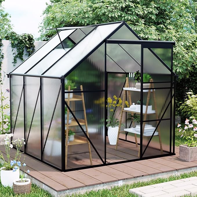 6×6 FT Compact Polycarbonate Greenhouse for Outdoors, Walk-in Aluminum Green House with Sliding Door, Raised Base & Roof Vent, Small Outdoor Greenhouse for Backyard Winter Use, Black