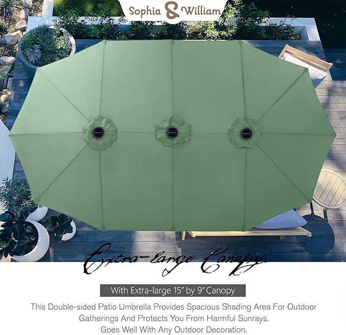 Sophia & William 15 ft Extra Large Patio Umbrella with Solar Lights, Rectangular Outdoor Umbrella with Base Included, Market Umbrella Double-sided Heavy Duty for Pool Garden Backyard, Mint
