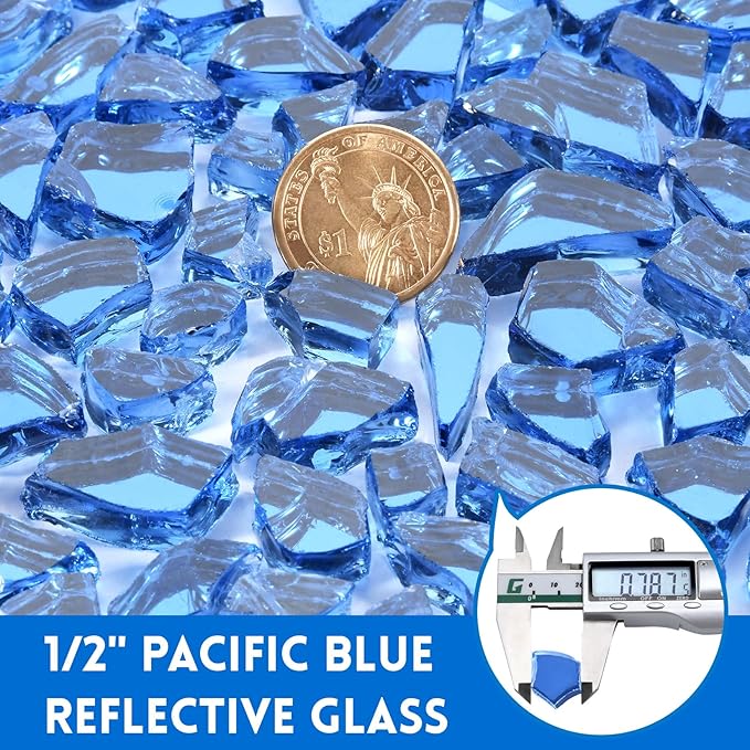 GasSaf 1/2 Inch Fire Glass Reflective Tempered Fireglass Cut Crushed FireGlass for Fire Pit, Fireplace, Replaces Existing Gas Logs & Lava Rocks (10 Pound)(Pacific Blue Reflective)