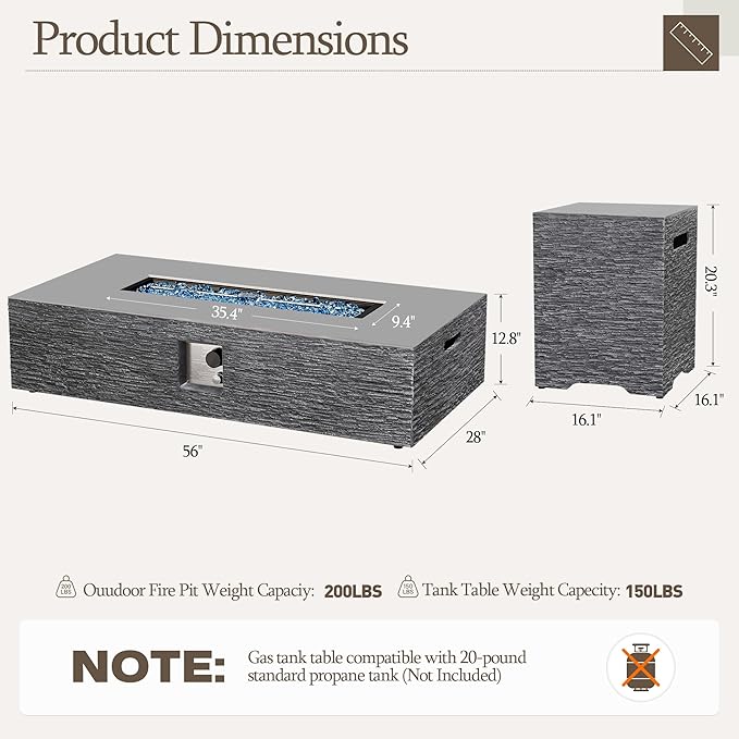 UPHA 56-inch Outdoor Propane Gas Fire Pit Table 50000 BTU Concrete Rectangle FirePit for Outside Patio with Wind Guad, Blue Glass Rocks, Rain Cover, Grey Horizontal Stripe