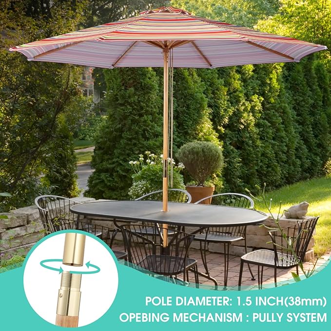 9ft Bamboo Umbrella, Outdoor Patio Umbrella, Waterproof Market Umbrella, 8 Ribs Table Umbrella with Pulley Lift for Garden, Deck, Pool, lawn, Backyard