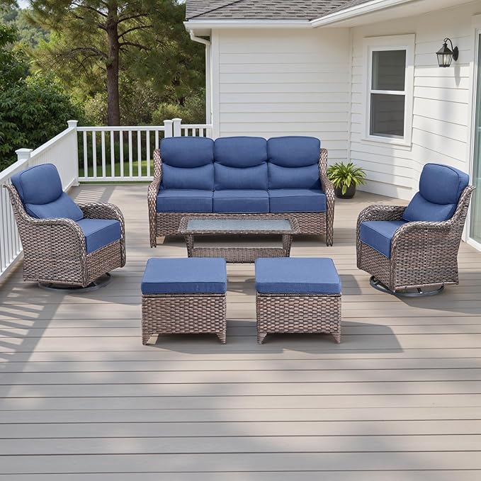 Rilyson Wicker Outdoor Patio Furniture Set - 6 Piece Patio Conversation Sets with Swivel Rocker Chairs, Ottomans, Sofa and Table, 6 inch Cushions, Deep Seating, for Porch Deck Brown/Blue