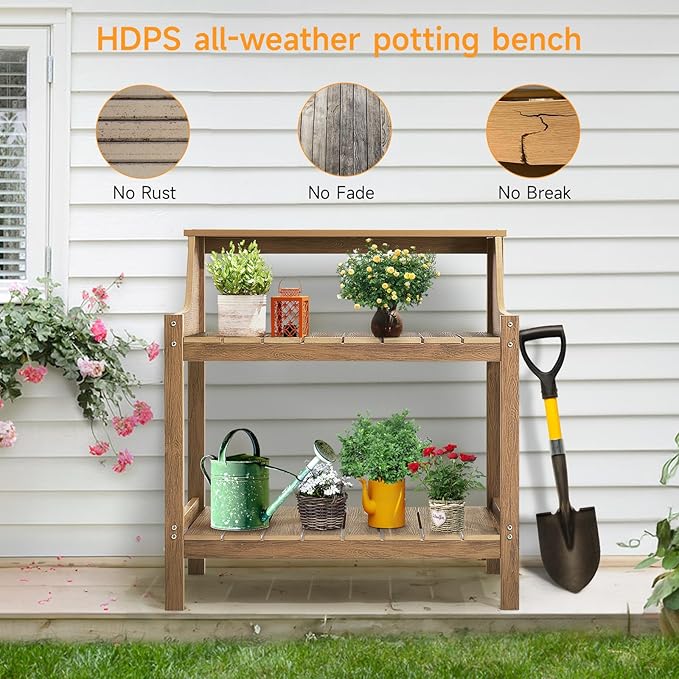 ONBRILL Potting Bench Table, HDPS Potting Bench with 4 Side Hooks, All-Weather Garden Table Work Station, Outdoor Potting Table for Porch, No Rust, No Fade, No Break, 360lbs Capacity (Teak, Large)
