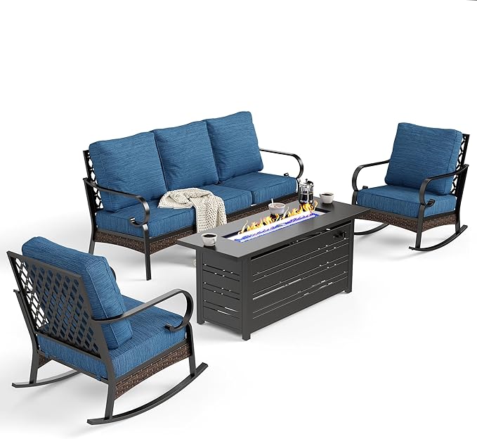 SUNSHINE VALLEY 4 Piece Black Metal Outdoor Patio Furniture Sets with Firepit Table, Patio Conversation Sets 1 3-Seater Sofa 2 Rocking Sofa with 5.75" Thick Cushion Backyard Furniture for Deck, Blue-2