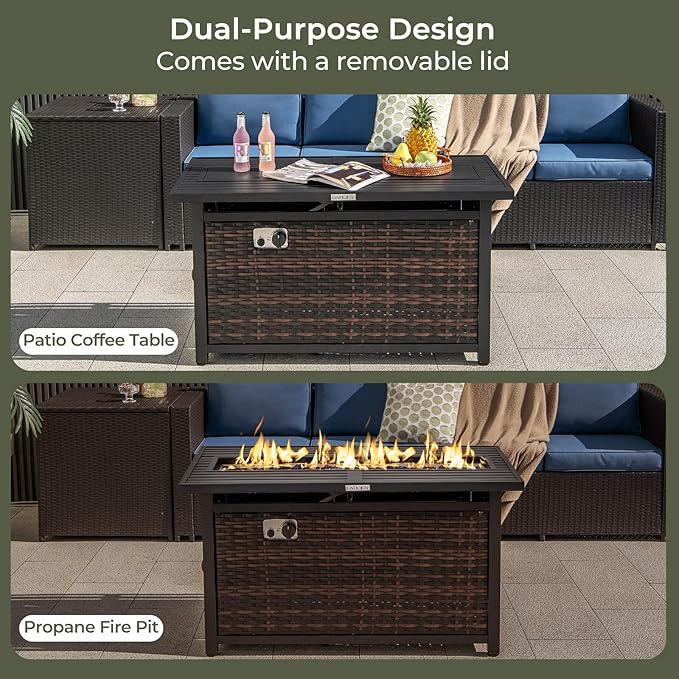 RELAX4LIFE 45’’ Propane Fire Pit Table - 50000 BTU Rattan Outdoor Fire Pit w/Metal Top, Glass Stones, Lid & Protective Cover, Rectangular Gas Fire Pits for Outside Patio Backyard Garden Deck Parties