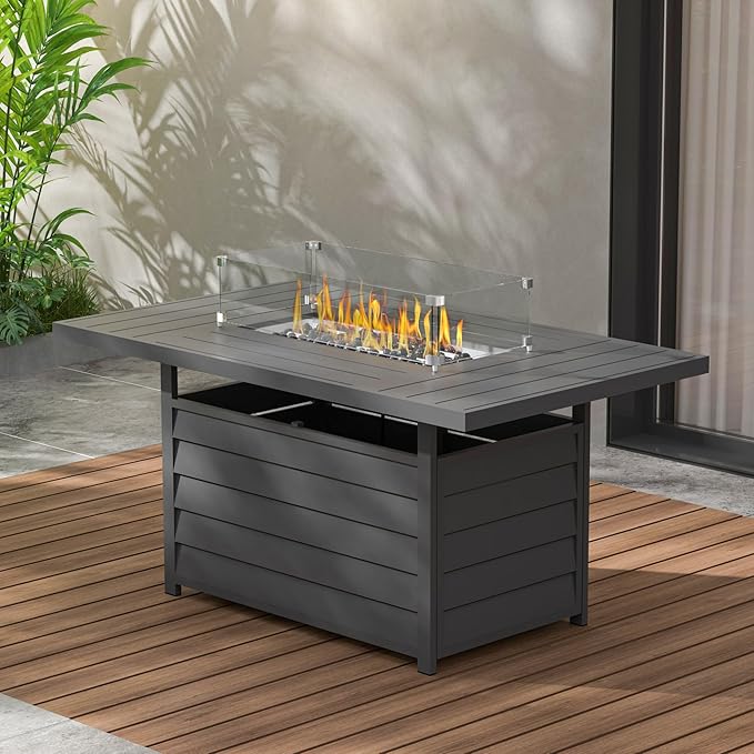 Wisteria Lane 54.3” Outdoor Patio Aluminum Fire Pit Table, 50000 BTU CSA Certified Propane Gas Fire Pit, Rectangular Fire Table w/Stainless Burner, Lava Rock, Waterproof Cover