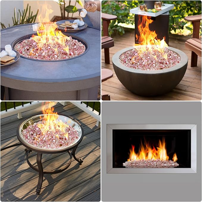 Onlyfire 10 pounds Fire Glass for Propane Fire Pit and Gas Fireplace, 1/2 Inch Reflective Firepit Glass Rocks for Fire Pit Table and Fire Bowl, High Luster Rose Gold