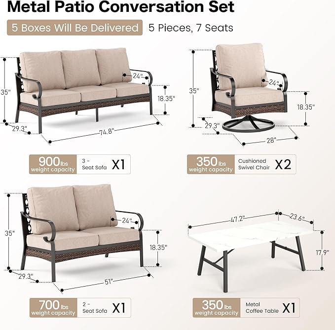 SUNSHINE VALLEY 5 Piece Metal Outdoor Patio Furniture Set, Patio Conversation Sets 3-Seater Sofa, 2-Seater Sofa, 2 Swivel Chair with 5.75" Thick Cushion & Coffee Table Black Backyard Furniture, Beige