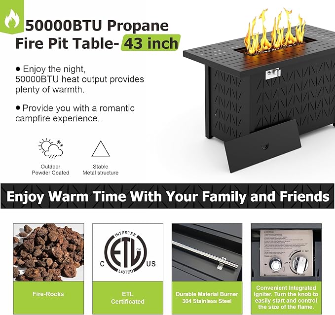 43 Inch Rectangular Propane Fire Pit Table for Outdoor Patio – 50,000 BTU Gas Firepit with Lid, Cover & Lava Rocks – Metal Fire Table with Hidden Tank Storage (Black, 43" Rectangular)
