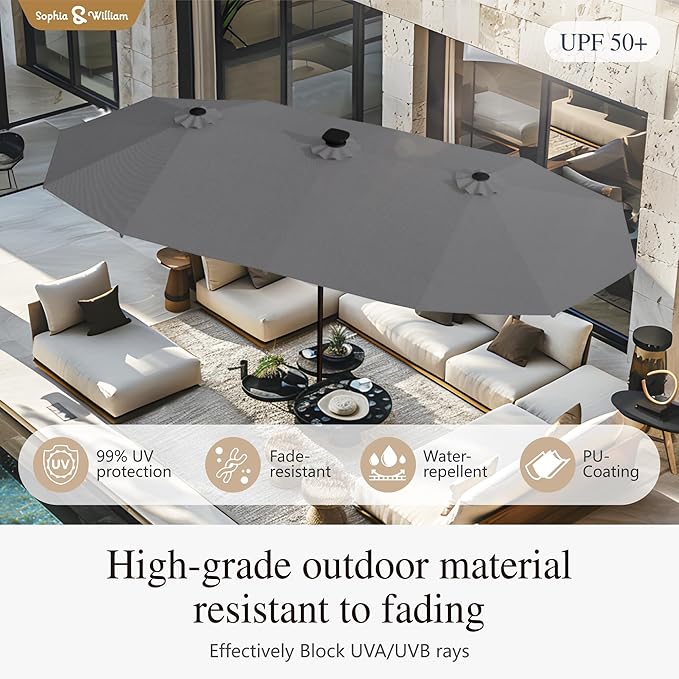 Sophia & William 13ft Outdoor Patio Umbrella with Solar Lights, Large Double-sided Umbrella with LED Lights, Perfect for Garden, Deck, Pool, Smoky Gray