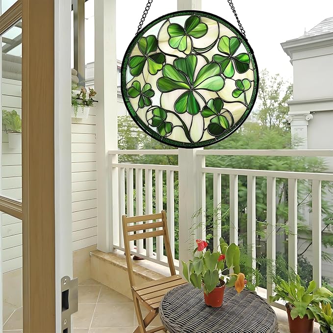 CRISGIF Stained Glass Window Hanging - Ireland Green Lucky Clover Suncatcher for Doors Garden St. Patrick's Day Sun Catchers Decor Mother's Day Birthday for Women Men Mom Nana 9.8 in