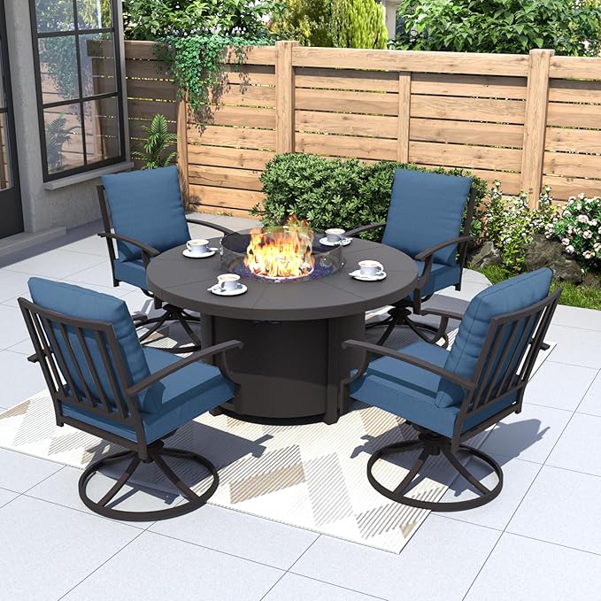 Kurapika 5 Piece Metal Outdoor Patio Furniture Set with Round Fire Pit Table, Patio Conversation Sets 4 Swivel Chairs with Thick Cushion and 40000 BTU Fire Pit Table, Navy Blue