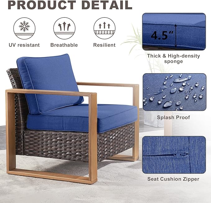 Rilyson Outdoor Wicker Patio Furniture Set - 6 Piece Patio Conversation Set with 2 Wicker Armrest Chairs,2 Rattan Ottoman,1 Side Table and 1 Couch,Sturdy Frame,Thick Cushions,Deep Seating(Brown/Blue)