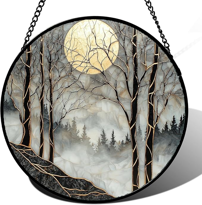 AMDERVEN Stained Glass Window Hanging - Black and White Gold Moon Forest Sun Catcher for Door Home Decor Suncatcher Christmas Mother's Day Birthday Gifts for Women Men Lovers Mom Nana 15 in