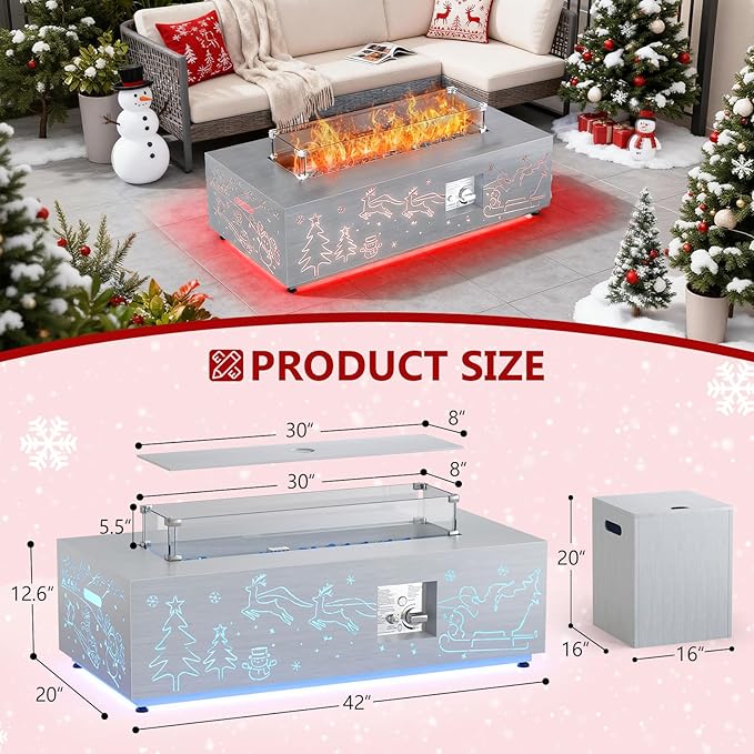 Dineli Propane Fire Pit Table 42 Inch Gas Fire Pits & Outdoor Fireplaces w LED, Tabletop Fire Pit Firepits for Outside Patio, 50,000 BTU (Light Gray, Christmas Pattern with RGB Light)
