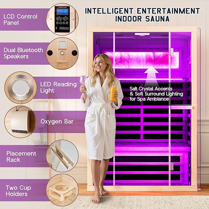 Albott Infrared Sauna 2 Person, Infrared Saunas for Home, Low EMF 1463W/110V Hemlock Wood Dry Sauna with Tourmaline Foot Warmer, 7-Color Light Therapy & Salt Crystal Bricks, 47.2"x34.2"x70.9"
