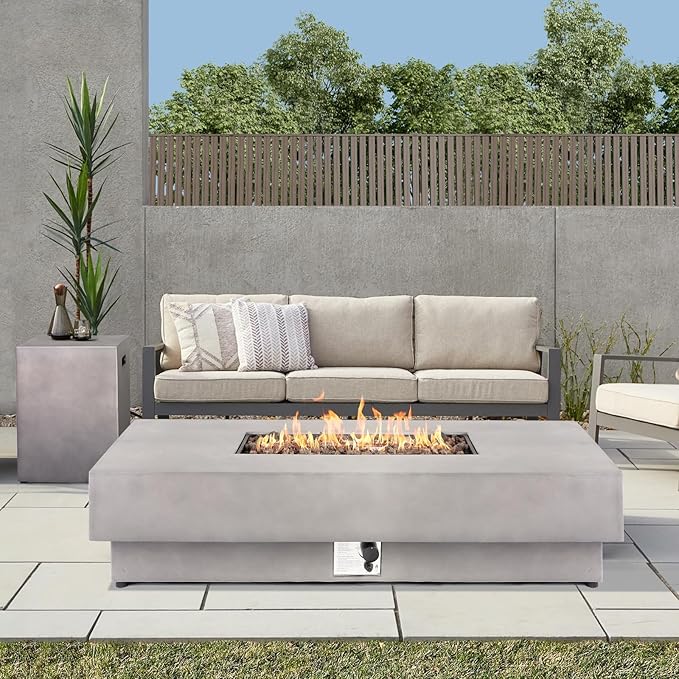 60-inch Outdoor Propane Fire Pit Table Set - 2-Piece, 50,000 BTU, Concrete Large Rectangular Fire Table with Lid, Propane Tank Table, Lava Rocks, Rain Cover - Perfect Firepit for Outdoor Use