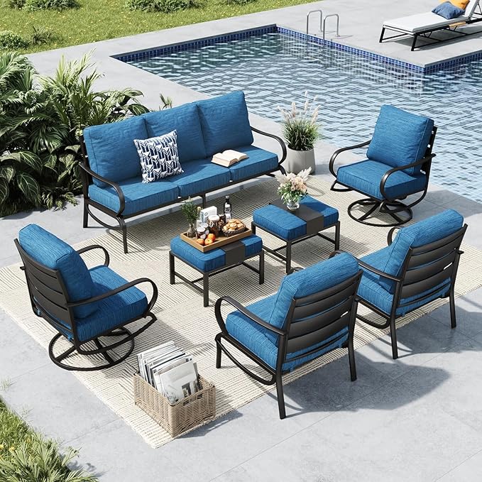 MFSTUDIO 7 Pieces Metal Patio Furniture Sets, 2 Swivel Chairs, 3-Seat Deep Seating Sofa, 2 Single Couch and 2 Ottoman, All Weather 9 Seats Outdoor Conversation Set for Garden Backyard, Peacock Blue