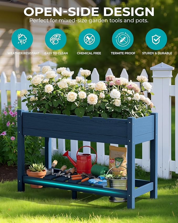 SERWALL Raised Garden Bed, HDPE Raised Bed for Gardening All Weather Use- Blue