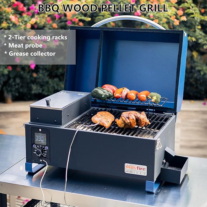 BBQ Wood Pellet Grill Smoker with Digital Control, Meat Probe & 2 Tiers Cooking Area, Portable Tabletop Grilling Stove for BBQ, Smoke, Bake and Roast, RV Camping, Blue GS313