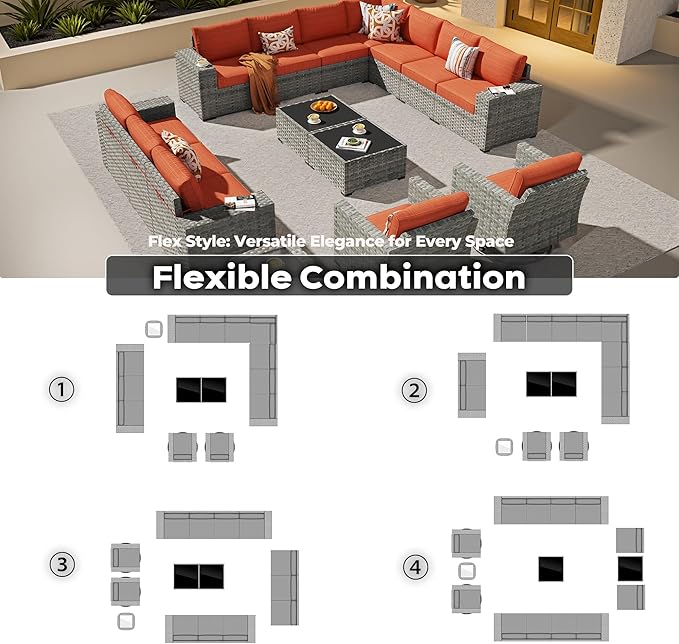 ovios 15 Pieces Patio Furniture Set, Outdoor Wicker Sectional Sofa with Swivel Chairs Coffee Table, Modern Modular Deep Seat Rattan Couch Conversation Sets, Orange Red